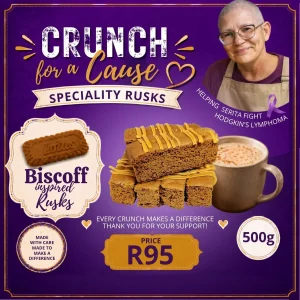 Biscoff Inspired Rusks 500g promotional card featuring Serita