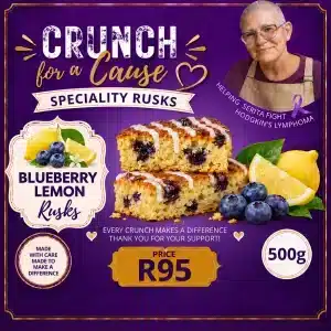 Blueberry Lemon Rusks 500g promotional card featuring Serita