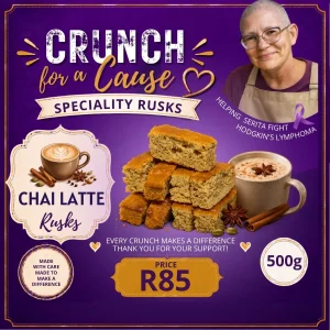 Chai Latte Rusks 500g promotional card featuring Serita