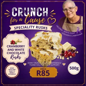 Cranberry and White Chocolate Rusks 500g promotional card featuring Serita