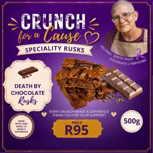 Death by Chocolate Rusks 500g promotional card featuring Serita