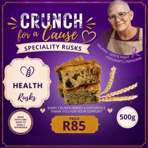 Health Rusks 500g promotional card featuring Serita