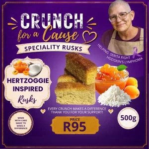 Hertzoggie Inspired Rusks 500g promotional card featuring Serita