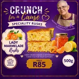 Lady Marmelade Rusks 500g promotional card featuring Serita