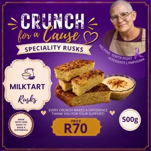 Milktart Rusks 500g promotional card featuring Serita