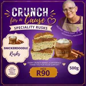 Snickerdoodle Rusks 500g promotional card featuring Serita