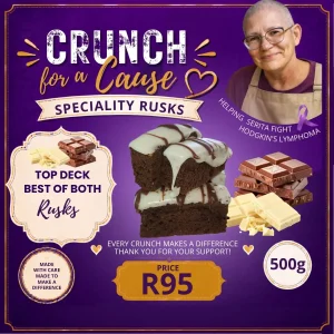 Top Deck Best of Both Rusks 500g promotional card featuring Serita